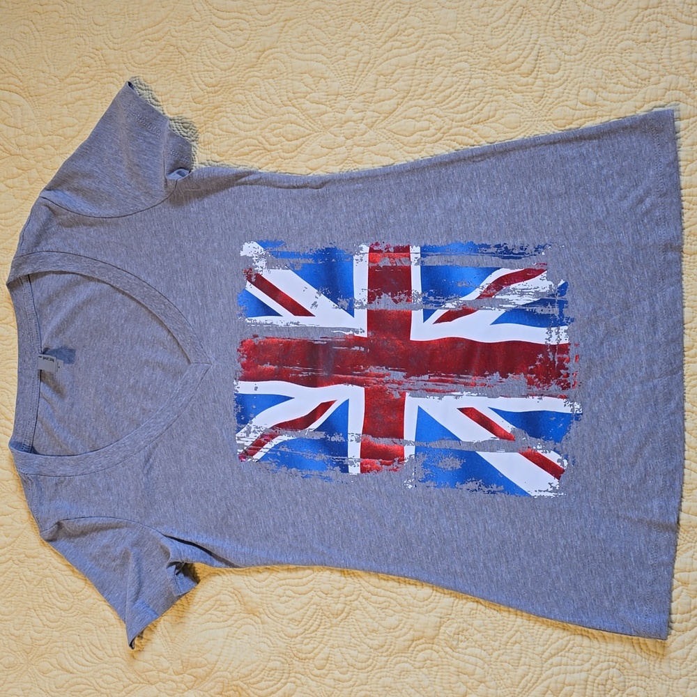 Gray V-Neck Tee with Distressed Union Jack